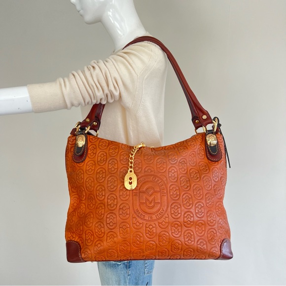 MARINO ORLANDI Italy Monogram Cognac Brown Leather Oversized Hobo Shoulder Bag - Picture 10 of 15
